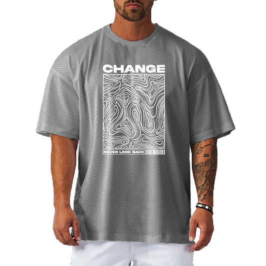 Changer Never Look Back T-Shirt surdimensionné imprimé Gym Bodybuilding Muscle manches courtes hauts hommes Sport Fitness maille chemise à séchage rapide